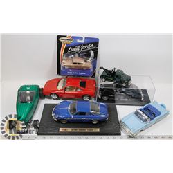 FLAT OF DIE CAST CARS, SOME IN DISPLAYS
