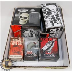 BOX W/HALLOWEEN ITEMS INCL. DOOR STOP,