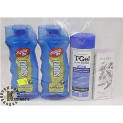 BAG OF SHAMPOO, HAIR GEL, AND MORE