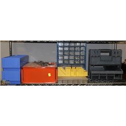 SHELF FULL OF SHOP ORGANIZING BINS AND MORE