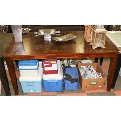 WOOD TONE KITCHEN TABLE WITH CORNER DAMAGE