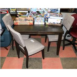 WOOD TONE KITCHEN TABLE WITH 3 GREY FABRIC SIDE