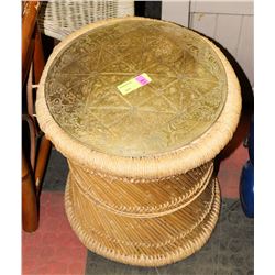 WICKER AND BRASS TOP END TABLE