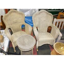 PAIR OF WICKER ARM CHAIRS WITH END TABLE
