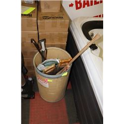 LARGE PAIL WITH HANDSAW, AXES, CROW BAR AND MORE