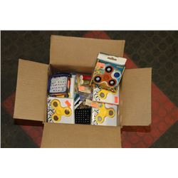 BOX OF SPINNERS AND DOLLAR STORE ITEMS