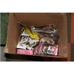 BOX OF HAIR BRUSHES AND ARTIFICIAL HAIR
