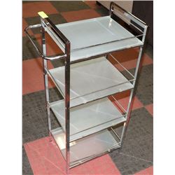 STAINLESS STEEL 4 LEVEL SHELF WITH GLASS SHELVES.