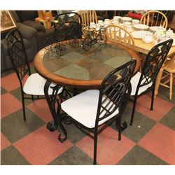 BLACK ROT IRON/WOOD TABLE WITH SLATE TOP AND 4
