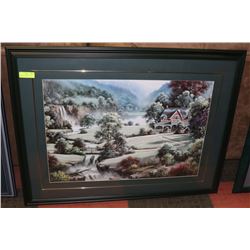 GREEN SCENIC FRAMED & GREEN MATTED HOUSE WITH