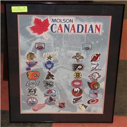 VINTAGE MOLSON FRAMED NHL TEAM PATCHES DISPLAY