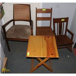 LOT OF 3 VINTAGE CHAIRS WITH PINE FOLDING TABLE
