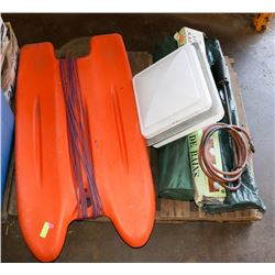 PALLET WITH VANITY LIGHTS, SKI BOARD, CAMPING