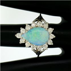 14k White Gold 3.62 ctw Pear Cut Australian Opal Diamond Halo Cocktail Ring