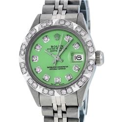 Rolex Ladies Stainless Steel Green Pyramid Diamond Datejust Wristwatch