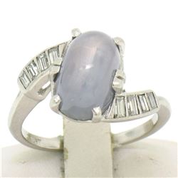 Art Deco Platinum Nat. Gray Star Sapphire & Baguette Diamond Ladies Ring