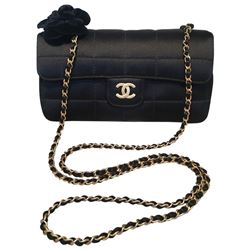 Chanel Quilted Black Silk Mini Camellia Classic Flap Shoulder Bag