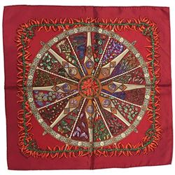 Hermes Silk Aux Pays des Epices Red Silk Pocket Square