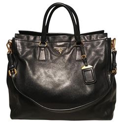 Prada Black Leather Saffiano Top Handle Tote Shoulder Bag