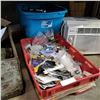 Image 1 : RED AND BLUE TOTE, AND TRAY OF HARDWARE, ELECTRICAL, AND TOOLS