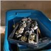 Image 2 : RED AND BLUE TOTE, AND TRAY OF HARDWARE, ELECTRICAL, AND TOOLS