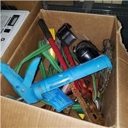 BOX OF BOLT CUTTERS, MASKING TAPE, AND EAR PROTECTION