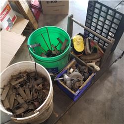 LOT OF ORGANIZER, BUCKETS OF GRIDWALL HOOKS, BRUSHES, AND CASTERS