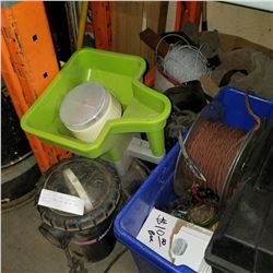 JACUZZI PUMP, SEED SPREADER, HOSE FITTINGS, AND BOX OF SHOP SUPPLIES