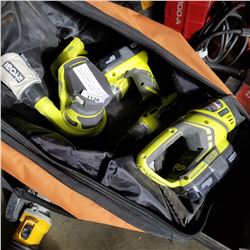 RYOBI CORDLESS DRILL, IMPACT GUN, PALM SANDER, FLASH LIGHT, 2 BATTERIES, NO CHARGER - TESTED AND WOR