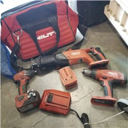 3 HILTI CORDLESS TOOLS W/ BATTERY CHARGER AND BAG