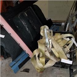 CRATE OF TIE DOWN STRAPS AND 3 FOLDING SAWHORSES