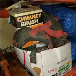 BOX OF ROPE AND SAFETY HARNESS AND CHIMNEY BRUSH