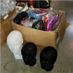 BOX OF NEW COSTUME WIGS VALUE $400 AND MANNEQUIN HEADS