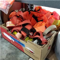 TRAY OF HI VIS VESTS AND SAFETY HARNESS