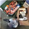 Image 2 : TOTE OF EXTENSION CORDS, KITCHEN ITEMS, AND PRESSURE COOKER