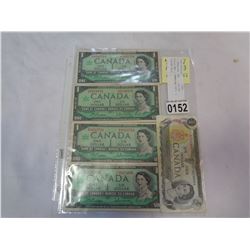 4 CANADIAN 1967 1 DOLLAR BILLS AND 1 CANADIAN 1973 1 DOLLAR BILL