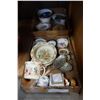 Image 1 : 2 TRAYS OF SMALL CHINA PLATES, BUNNYKINS MUG, AND SILVER PLATED FIRST NATIONS SPOONS
