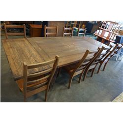 LARGE RUSTIC DINING TABLE W/ 2 LEAFS AND 8 CHAIRS