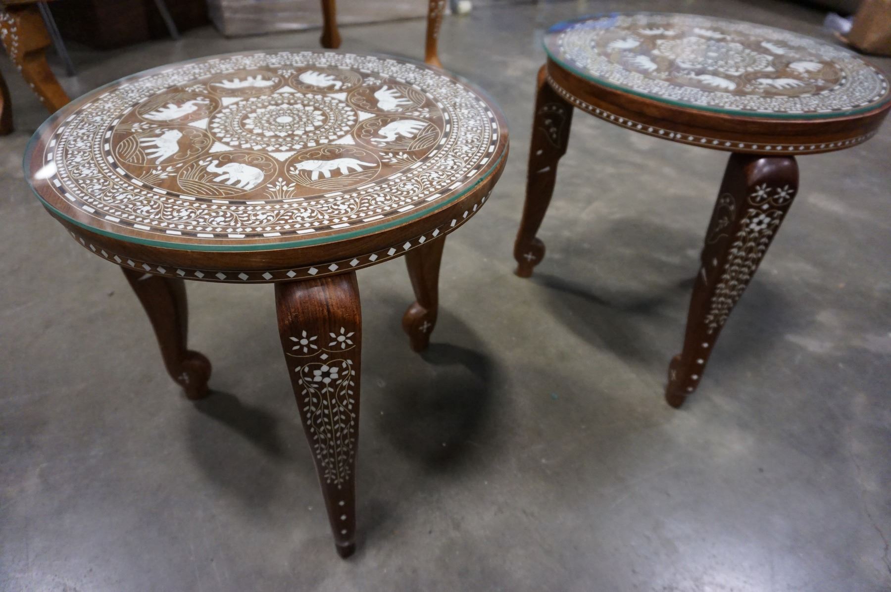 PAIR OF INLAID ELEPHANT END TABLES