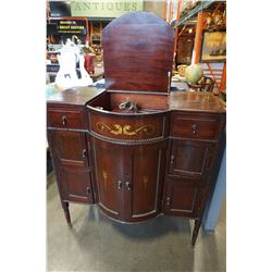 ANTIQUE INLAID BOW FRONT CABINET W/ GARRARD GRAMOPHONE COMPONENTS AND SPEAKER