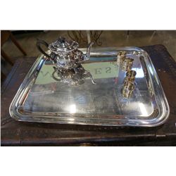 SILVER PLATE TRAY, TEAPOT, AND NAPKIN RINGS