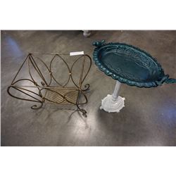 CAST IRON BIRD BATH AND BRASS RACK