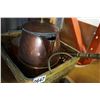 Image 2 : IRON COBBLERS STAND, COPPER PITCHER, FIRE POKER, AND WICKER BASKET