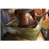Image 3 : IRON COBBLERS STAND, COPPER PITCHER, FIRE POKER, AND WICKER BASKET