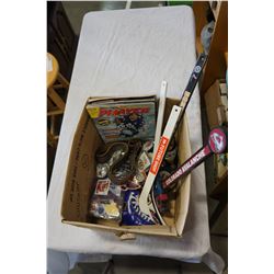 BOX OF HOCKEY COLLECTIBLES AND SIGNED MINI STICK