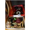 Image 1 : CAST IRON FLOWERS, WOOD BAROMETER, GLASS, PAINTED EGGS, AND MEDALIONS
