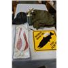 Image 1 : BLACK DIAMOND WET WEATHER HAT AND MILITARY WET HAT AND TIN SIGN AND HOOK