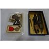 Image 1 : TRAY OF ANTIQUE STRAIGHT RAZORS, WATCH FOBS, AND MADALLIONS