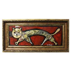Zaza Koreli, "Cat" Hand Signed Original Mixed Media on Wood; Framed; COA