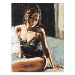 Fabian Perez, "Renee On Bed III" Hand Textured Limited Edition Giclee on Board. Hand Signed and Numb